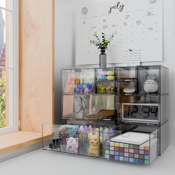 Desk Organizer Set, Clear Stackable Dustproof Storage Boxes for Desktop, Office, DIY Craft & Vertical Space Saving, Perfect for Makeup, Stationery, Jewelry Organization (10 Drawer)