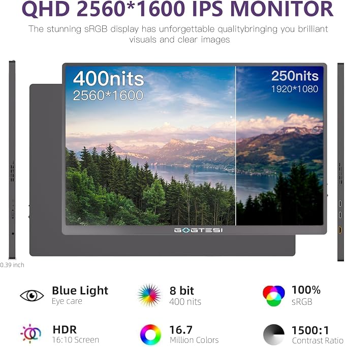 16 Inch 120Hz Portable Gaming Monitor, 100% sRGB 2.5K QHD 400nits Portable Monitor with HDR, Ultra Slim, Eye Care, External Second Screen for Laptop/PC/PS5/Mac/Xbox