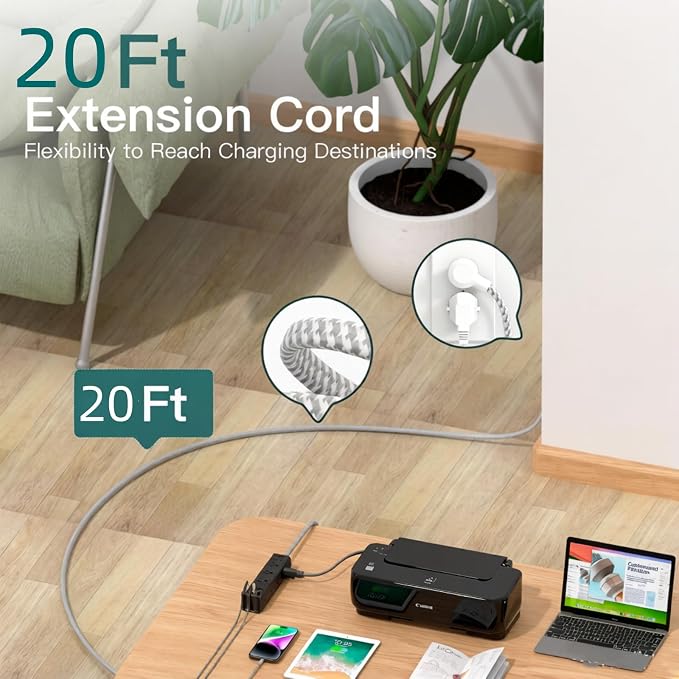 Addtam 20FT Long Black Power Strip Surge Protector, 12 Wide Spaced Outlets 4 USB, Flat Plug Extension Cord, Wall Mount Outlet Extender, 1050J Protection for Garage Workshop Office Gaming, ETL Listed