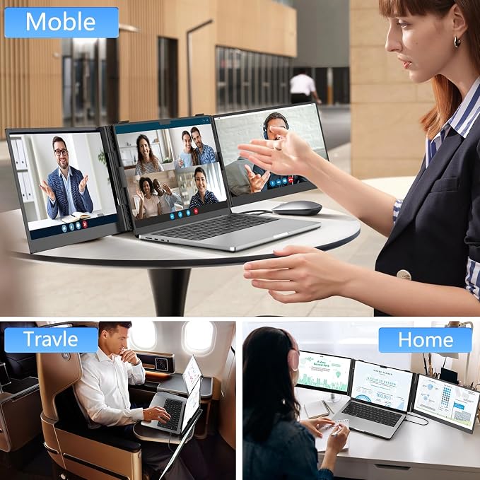 14.2" Triple Laptop Screen Extender, Ultra-Thin FHD 1080P IPS Portable Monitor for Laptop, Aluminum Alloy Tri-Screen Travel Monitor, Plug & Play for Windows/Mac/Chrome, Fits 13"-17.3" Laptops