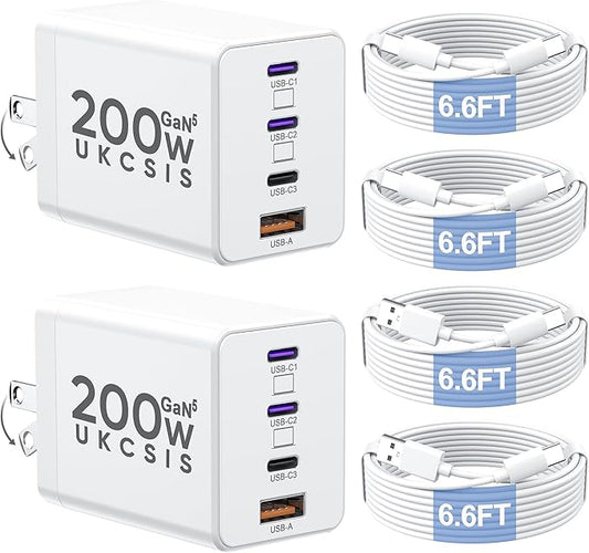 2 Pack 200W USB C Charger Block, Adapter for iPhone 17/16/15 Pro Max Charger Fast Charging, Foldable 4-Port GaN5 Fast Charging Block, Dual 65W Laptop Super Fast Charger Type C for MacBook Pro/Air iPad