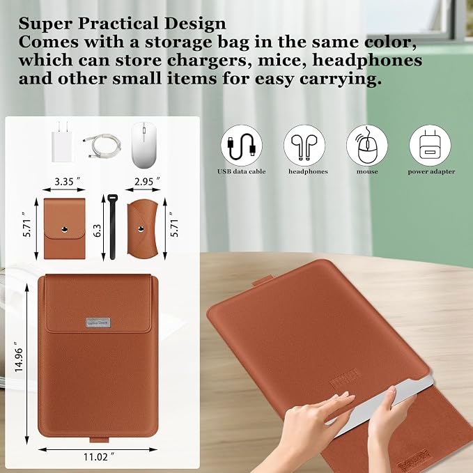 15-15.6 inch Laptop Sleeve Protective Case for MacBook Air/Pro 15" (M5/M4/M3/M2), [3 in 1] PU Leather Laptop Waterproof Slim Cover with Stand and Mouse for MacBook Pro (15") - Brown