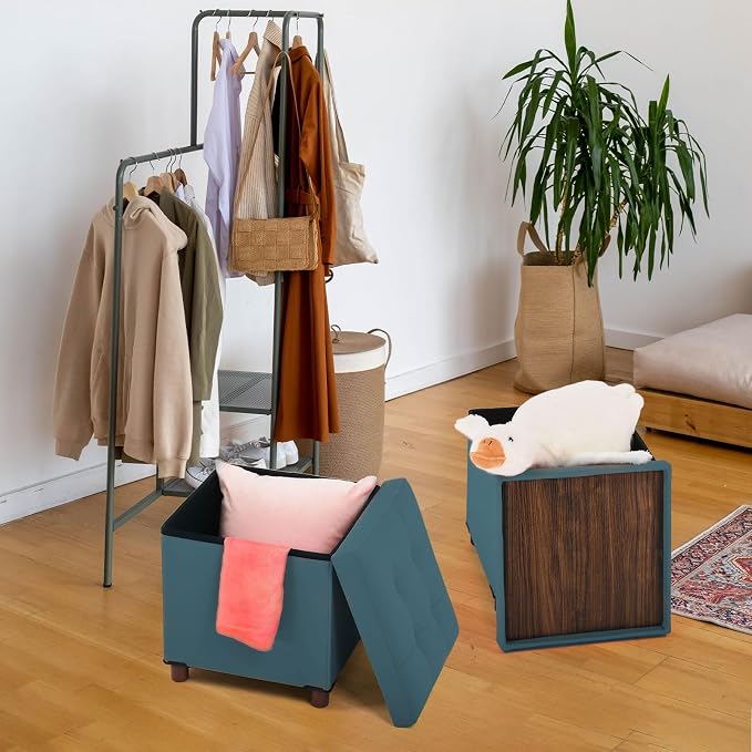 Dorriss Storage Ottoman, Ottoman with Storage for Living Room Ottoman Square Tray Bedroom Cube Foot Rest Stool with Legs Small Ottomans Coffee Table Lid Foldable Footstool Faxu Leather 15"