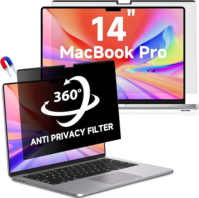 Magnetic Macbook Pro 14 Inch Privacy Screen(2021-2025, M1, M2, M3, M4, M5), Removable Anti Glare Blue Light Macbook Pro Screen Protector, 360° Anti Spy and Easy Install Shield