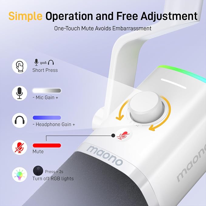 MAONO XLR/USB Gaming Microphone for PC, Dynamic Computer Mic for Streaming Podcasting, Noise Reduction, Mute, Volume Control, RGB Boom Mic for Vocal Recording,Voice-Over, PD100XS White