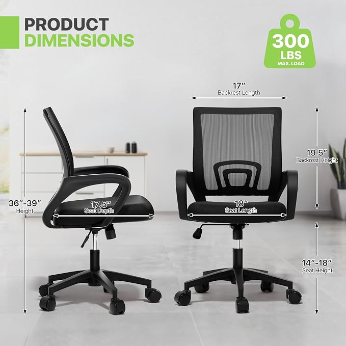 Magshion Ergonomic Office Chair 20 Pack, Mid-Back Mesh Desk Chair, Adjustable Swivel Computer Chair with Lumbar Support & Breathable Backrest for Gaming, Work, Study, 300 Lbs Capacity, Black
