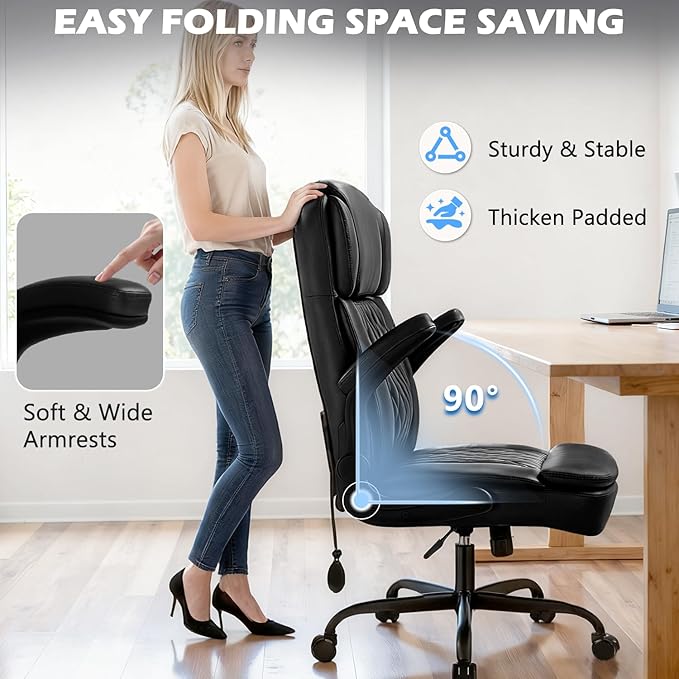 450lbs Executive Office Chair for Heavy People, Ergonomic Big and Tall Desk Chair with Adjustable Lumbar Support&Flip Up Armrest,High Back PU Leather Comfy Swivel Computer Chair