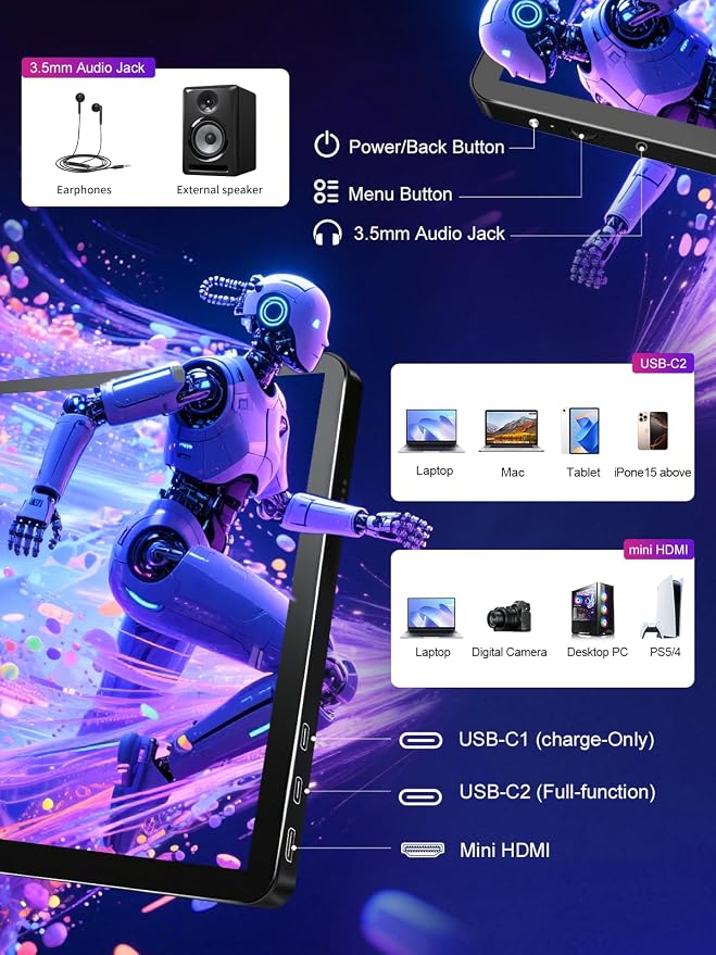 11" Touchscreen Monitor,2.5K IPS Portable Touch Screen 16:10 450 nits Adjustable Vertical Monitor with VESA Stand,2560 * 1600 HDMI USB C Travel Monitors for Laptop,PC,Phone,Business(Black)