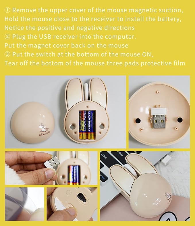 Lomiluskr Cute Bunny Wireless Mouse, Lightweight Soundless Mice, 2.4G Wireless Mice, Candy Colors, Kawaii Rabbit Mouse for Girls and Kids (Beige Bunny)