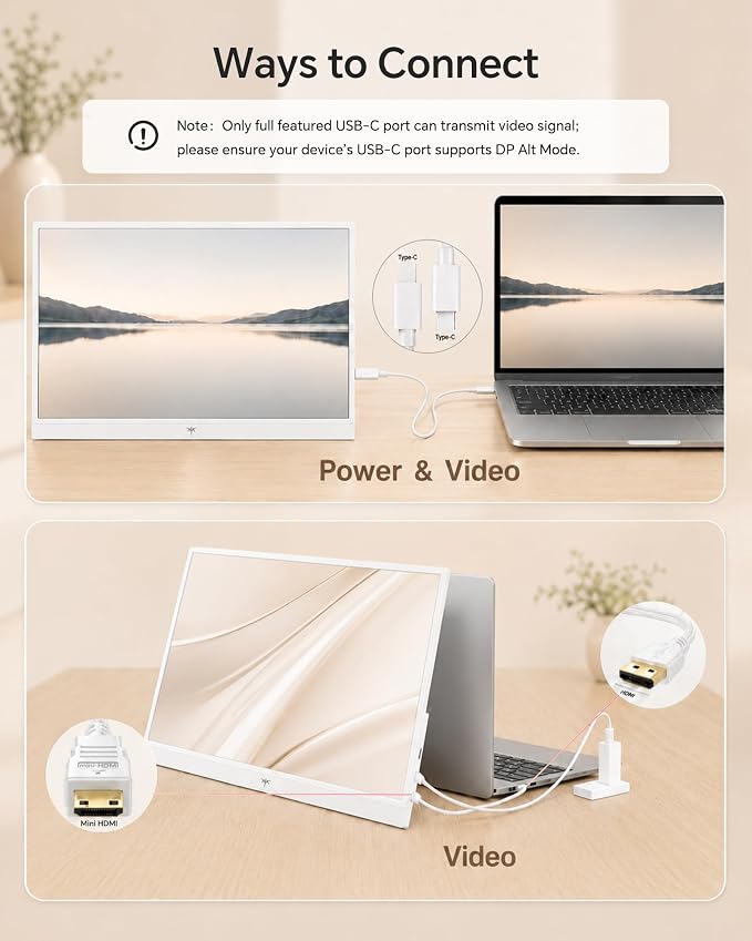KTC Portable Monitor 15.6 Inch, FHD 1080P Travel Laptop Monitor Extender with USB-C HDMI, Ultra-Slim IPS HDR Display with Speakers, Second Screen for Laptop Computer Phone Xbox Mac Switch, White H15F8