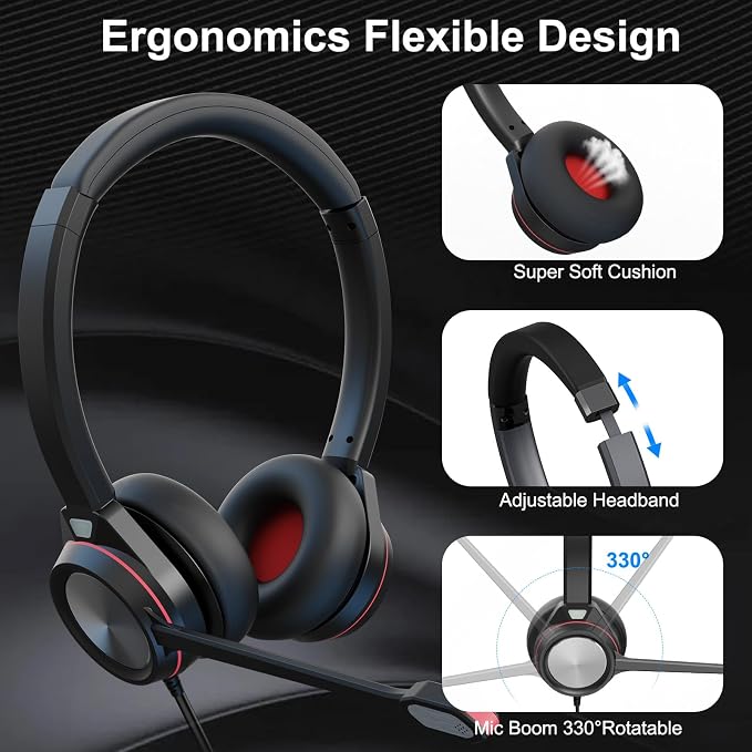USB Headset with Microphone for PC, 3.5mm & USB A/Type C Wired Computer Headset, Corded PC Headphone with Noise Cancelling Mic, Office Headphones for Business Call Center Teams Laptop