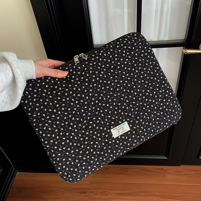 Puffy Laptop Sleeve 13-15.6 Inch Corduroy Quilted Laptop Protective Case Cute Floral Computer Sleeve Protective for MacBook (Black Ditsy Floral, 15.6 Inch)