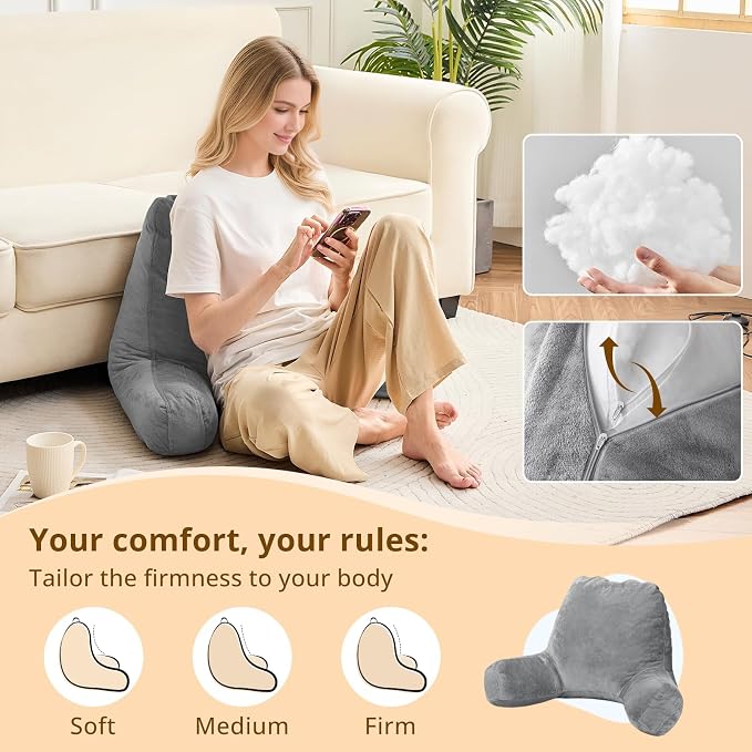 Sasttie Reading Pillows for Sitting in Bed Adult, Back Pillow Bed Sitting Up, Back-Rest Support Cushion for Sit Up on Couch, Sofa, and Floor, Dorm Essentials, Oeko-Tex Certified, Dark Grey
