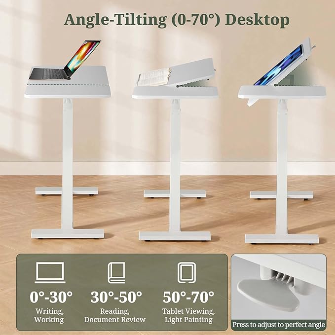 Mobile Standing Desk with Hidden Casters, Adjustable Height Desk, Portable Laptop Computer Table with Tilting Top, for Sit Stand Workstation, Compact and Sturdy for Home, Office, Dorm, White
