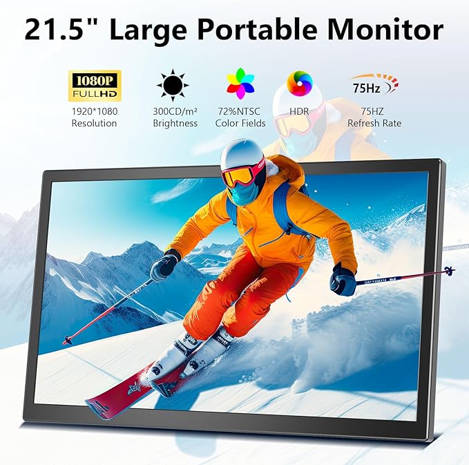 21.5inch Large Portable Monitor for Laptop, FHD 1080P 75Hz VESA Supported USB-C HDMI Extender Computer Monitor for Working Business Gaming
