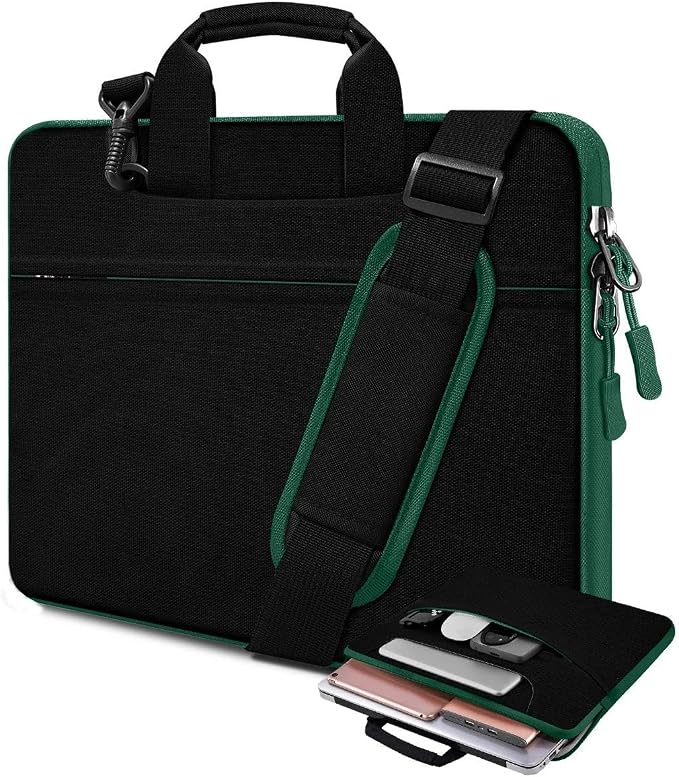 Laptop Case 15.6 inch Shoulder Bag, Durable Shockproof Protective Computer Carrying Briefcase with Multi-Pockets and Strap Compatible with Most 15.6 inch Notebooks,Black-Green