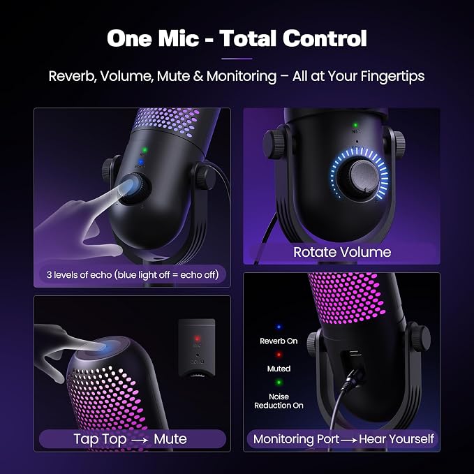 USB Microphone for PC Gaming: Condenser Microphone RGB for Gamer with Stand Mic - Recording Mic for Computer&Laptop with Qiuck Mute - Desk Podcast Mic for Podcast & Singing & Streaming & Youtube Black