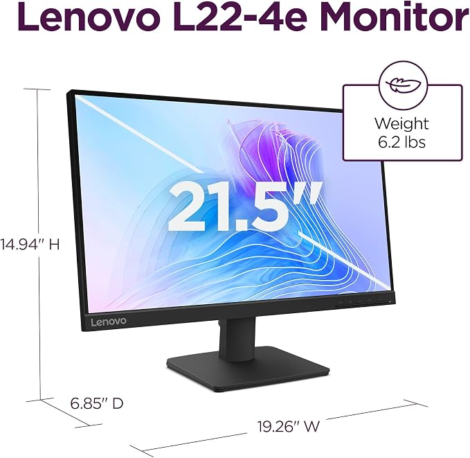 Lenovo L22-4e - Office Monitor - 21.5" FHD IPS Display - 100Hz Refresh Rate - 4 ms MPRT - 99% sRGB - Raven Black - Tilt Stand