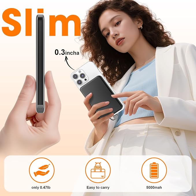 for MagSafe Portable Charger, 0.3" Ultra Slim 5000mAh Magnetic Power Bank, 25W PD Fast Charging Battery Pack with Built-in Cable, Travel Battery Bank for for iPhone 16/15/14/13/12 Grey