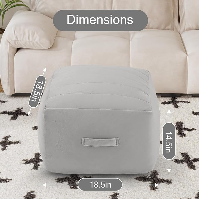 MeMoreCool Square Stuffed Pouf Ottoman Foot Rest, Floor Pouf Foot Stool with Foam Chunk Filling, Soft Stuffed Ottoman Footrest for Living Room, Light Grey