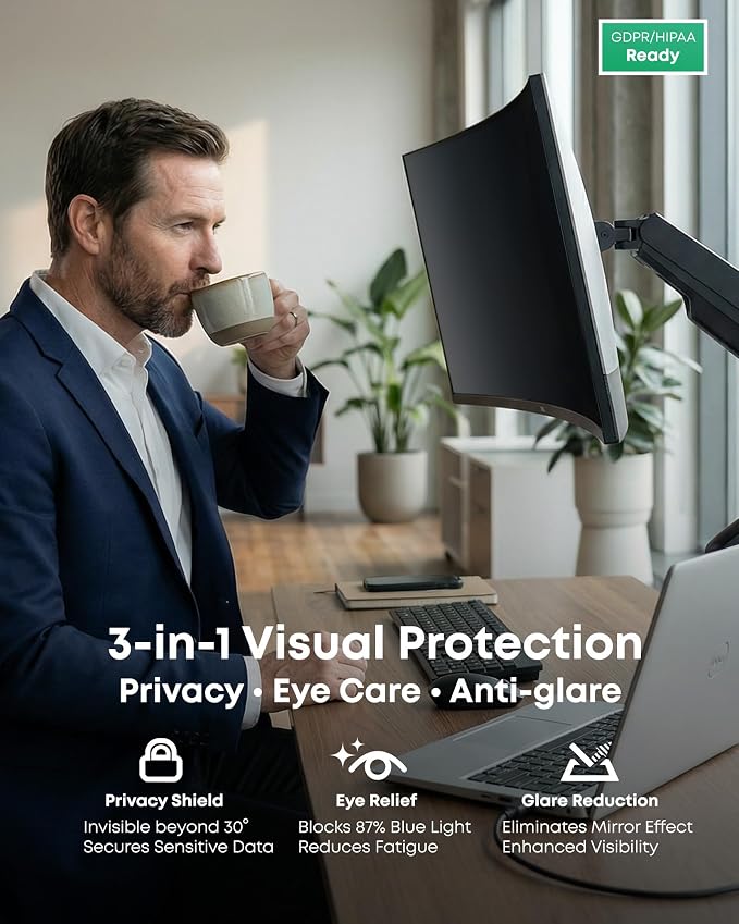 2-Pack 20 Inch Computer Privacy Screen Filter (17.8" × 10.1") for 16:9 Curved & Flat Monitors – Nano-Suction Bezel (Tape-Free Instant Install) – Anti-Glare, Blue Light Blocking, Washable