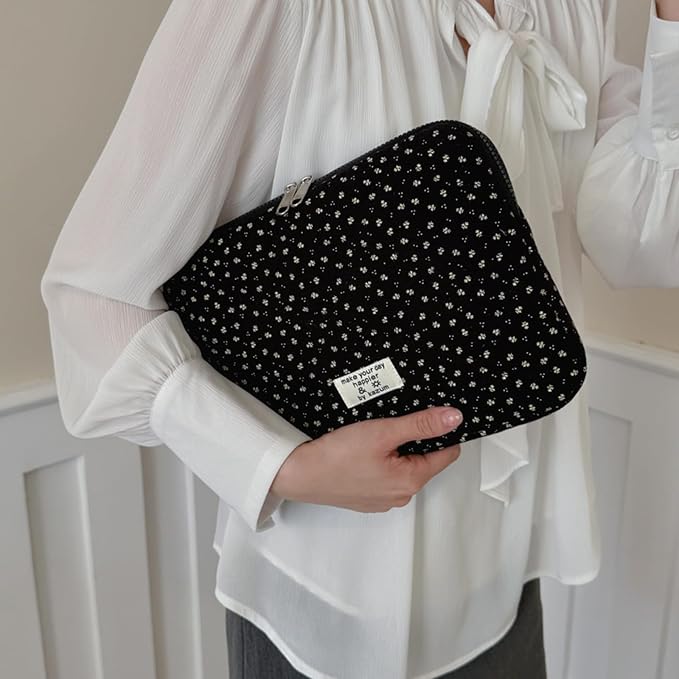 Puffy Laptop Sleeve 13-15.6 Inch Corduroy Quilted Laptop Protective Case Cute Floral Computer Sleeve Protective for MacBook (Black Ditsy Floral, 13-14 Inch)