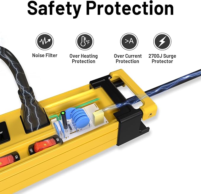 Power Strip Surge Protector 2700J with Individual Switches and Flat Plug, 3FT Heavy Duty Cord 6 Wide Spaced Outlet Mountable Metal Power Strips with Cord Manager and Hanger