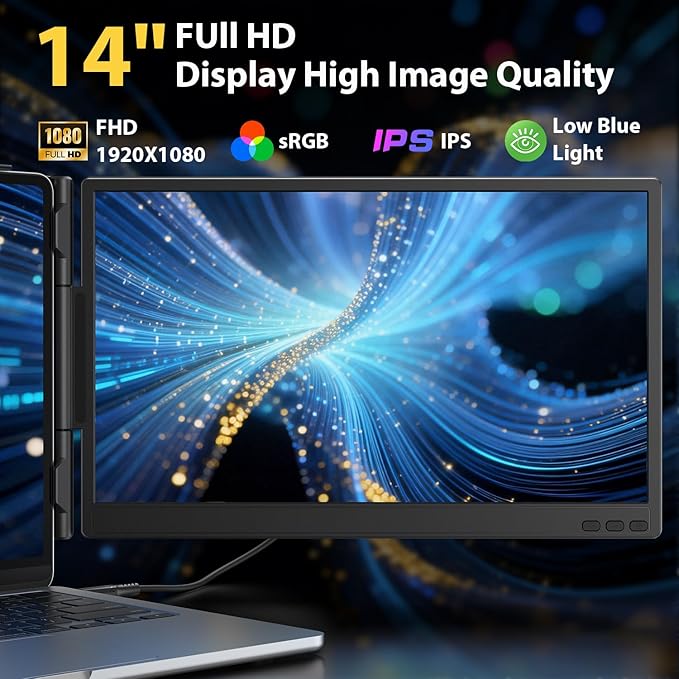 APILDELLA 14'' Laptop Screen Extender 1080P, Portable Dual Monitor Extender for Laptops - USB C and HDMI, Plug-Play for Dual Display on Mac and Windows, Fits 13''-16'' Laptops