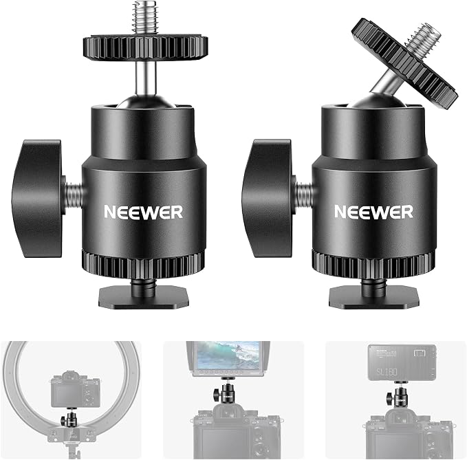 Neewer Mini Ball Head with Cold Shoe & 1/4” Screw, 2 Pack, 360° Swivel 90° Tilt Ballhead Camera Mount Hot Shoe Adapter for Camera, Camcorder, Smartphone, LED Video Light, Microphone, Ring Light, ST17