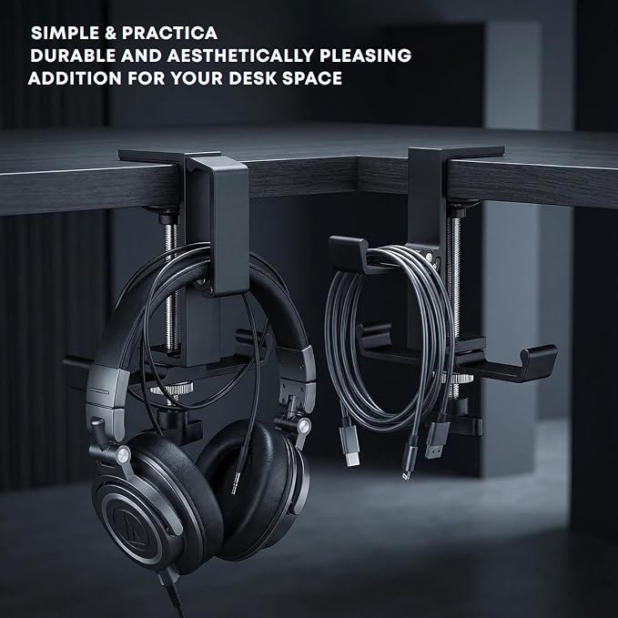 JAKO Headphone Stand for Desk, 3 Hooks Aluminum Alloy Headphone Holder (1 Foldable+2 Fixed) Space Saving Headset Stand Hook, Universal Fit PC Gaming Headsets Holder Desk Clamp for Office/Game Table