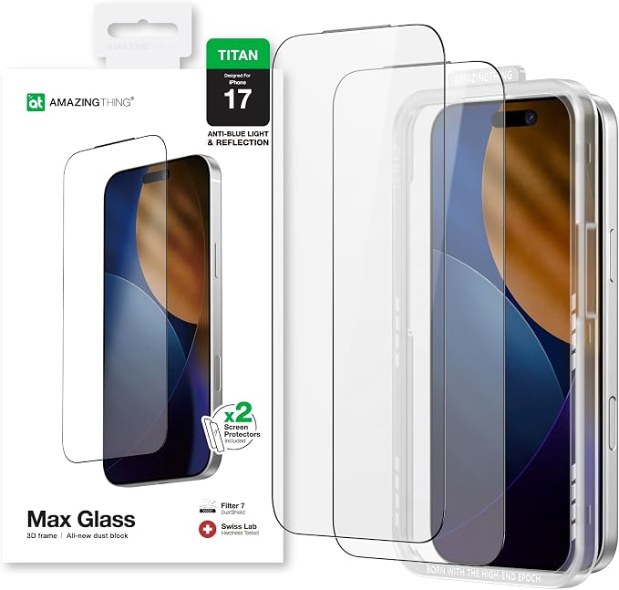 AMAZINGthing for iPhone 17 [Titan Filter 7 - Max Glass ] Screen Protector, Blue Light Reduction, 9H Tempered Glass, Full Coverage, Case‑Friendly, Oleophobic, Alignement Frame, 2 Pack