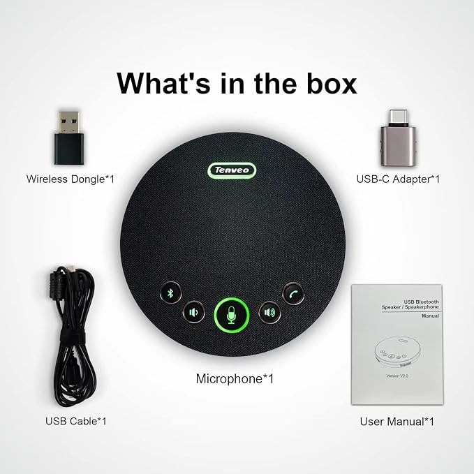 Tenveo Conference Speaker Microphone, Bluetooth/Dongle/USB Connectivity, 4 AI Noise Mics and 360° Sound Pickup,Compatible with Zoom, Teams, OBS, Supports 10-12 People for 8 Hours of Talk Time