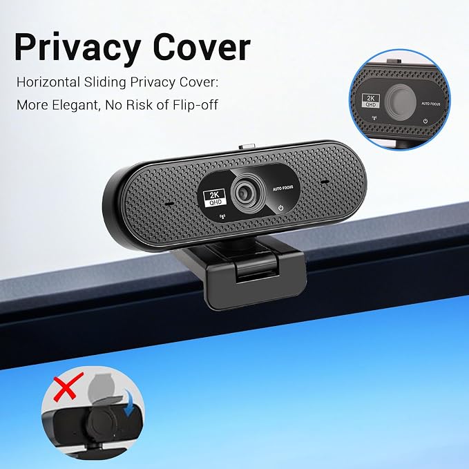 Hprosper 2K Webcam with Microphone, Automatic Light Correction & Privacy Cover, Wide Angle USB Camera for PC, Laptop, Mac, Zoom, Gaming, Streaming, Conference Room, Video Conferencing