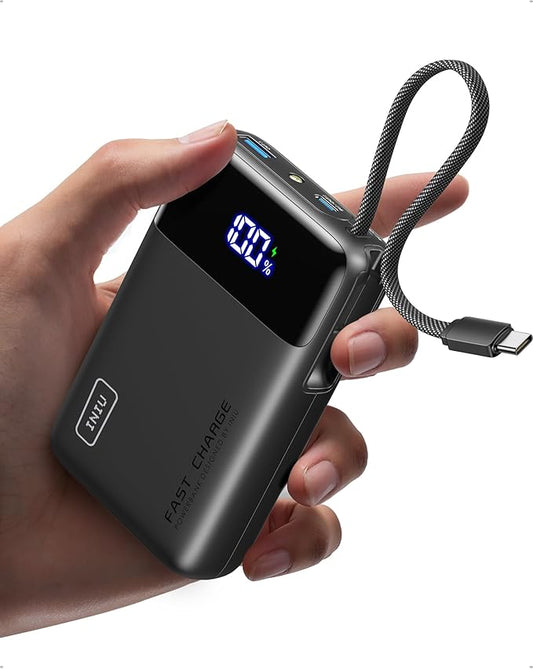 INIU 20000mAh Power Bank, Small 45W PD Fast Charging Portable Charger with Built-in USB C Cable, Flight-Safe Travel External Phone Battery Pack for iPhone 17 Pro Max Samsung S26 iPad etc, Black