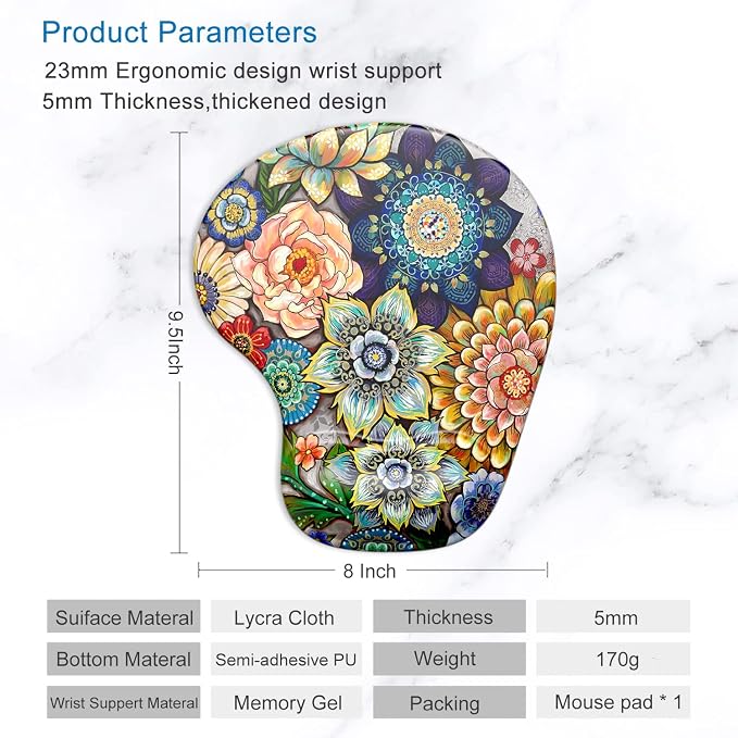 ITNRSIIET Ergonomic Mouse Pad with Gel Wrist Support Wrist Rest Smooth Surface Non-Slip PU Base Comfortable Office Supplies Pain Relief, 9.5 x 8 inches, Succulent Flower
