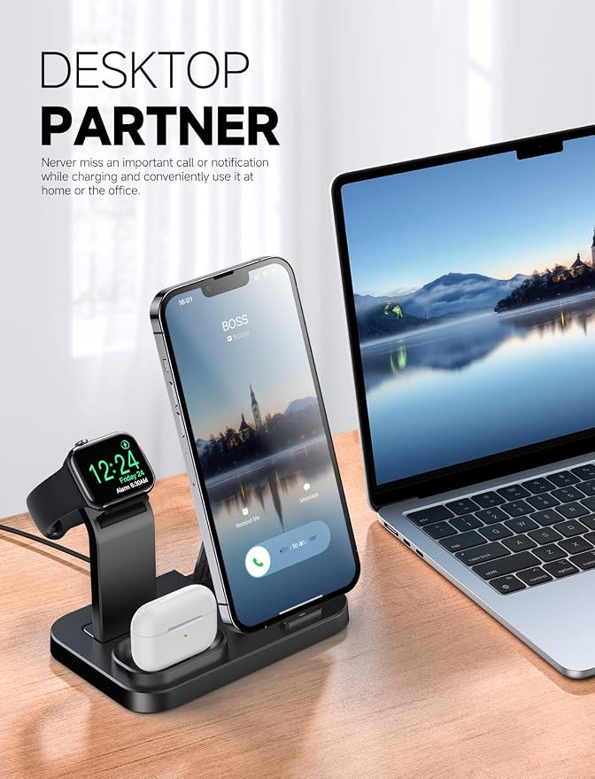Wireless Charging Station 3 in 1 RJR Compatible with Apple Devices, Charging Dock for iWatch, Built-in Wireless Charger Stand for iPhone Series AirPods Gifts (with 18W Adapter) Graphite Black