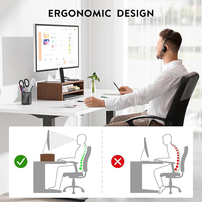 BONTEC Wooden Monitor Stand Riser, 2-Tier Desk Shelf with Storage Organizer, Ergonomic Computer Stand with Cable Management, Cellphone Holder, Walnut, 16.5 Inch