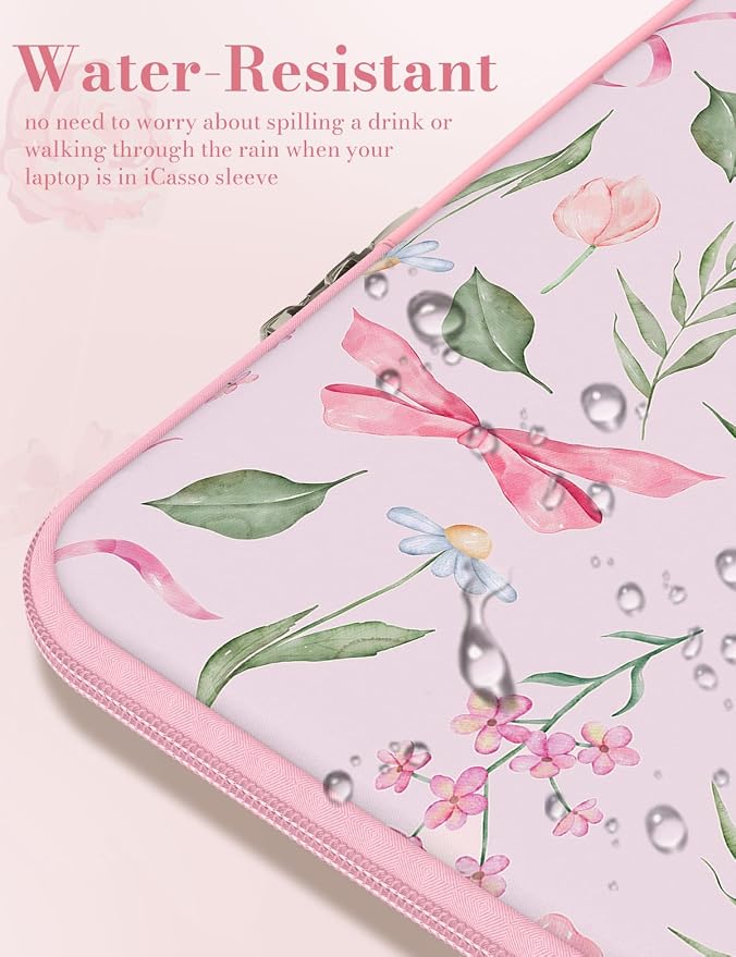 iCasso Laptop Sleeve 13 inch for MacBook Air 13-13.6 inch,Cute Laptop case for MacBook Neo/Pro 13 inch, Slim Protective Travel Carrying Case Sleeve for 14 inch Chromebook, HP, Flower Bow Pink