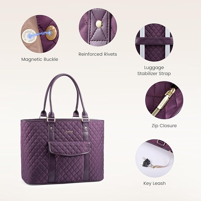 LOVEVOOK Laptop Tote Bag for Women 15.6 Inch,Waterproof Computer Bag for Laptop for Womens,Quilted Travel Work Tote Bags for Women,Stylish Laptop Bag Purse with Luggage Sleeve for Teacher,Nurse,Office