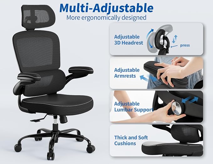 TRALT Ergonomic Office Chair - Desk Chair with Adjustable Headrest Lumbar Support Computer Chair - Mesh Comfy Chair with Flip-up Armrests - Gaming Chair for Adults Home Office PU, Black, Pack of 8
