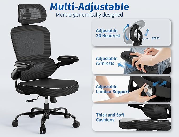 TRALT Ergonomic Office Chair - Desk Chair with Adjustable Headrest Lumbar Support Computer Chair - Mesh Comfy Chair with Flip-up Armrests - Gaming Chair for Adults Home Office PU, Black, Pack of 3