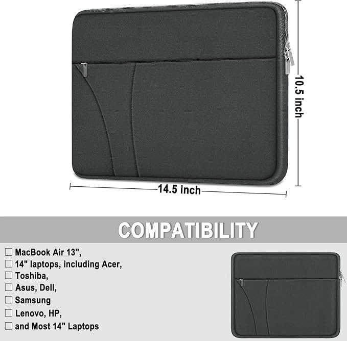 14 inch Laptop Case, Traveling Laptop Sleeve with Zippered Pocket, Shockproof Protective Carrying Briefcase Computer Bag for 14" MacBook Air/Pro, HP, Dell, Lenovo, Acer, Grey