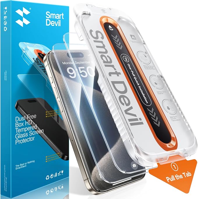 SMARTDEVIL 2 Pack Screen Protector for iPhone 15 Pro Max, 9H Hardness Military Grade Shatterproof HD Clear Tempered Glass, Easy to Install, Auto Bubble-Free and Dust-Free Box, Case Friendly