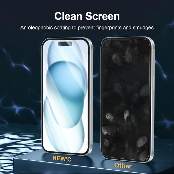 NEW'C 3x for iPhone 15 Screen Protector (6.1 inches)+ 3x Camera Lens Protector, Sensor Protection, Case Friendly Tempered Glass Film + Dust Plug- Easy installation tool include
