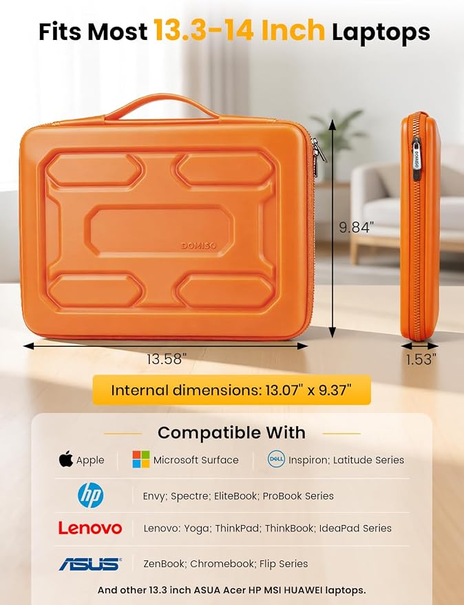 DOMISO Laptop Hard Case 14-14.4 inch Waterproof Shockproof Hard Shell Laptop Sleeve with Handle & Storage Pocket, Compatible with MacBook, HP, Dell, Orange
