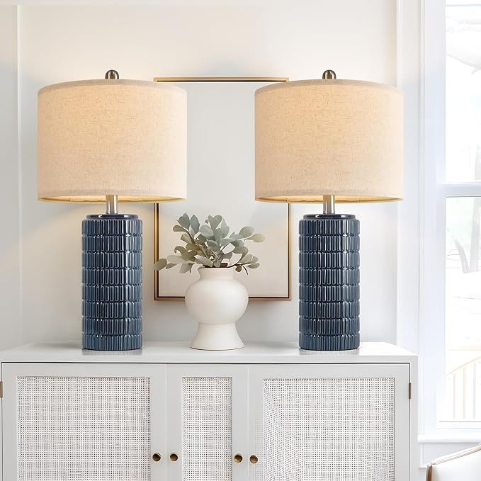 PoKat 23" Blue Table Lamps, Farmhouse Bedside Lamps for Bedroom Set of 2, Ceramic End Table Lamps for Living Room, Traditional Nightstand Desk Lamps, Medium