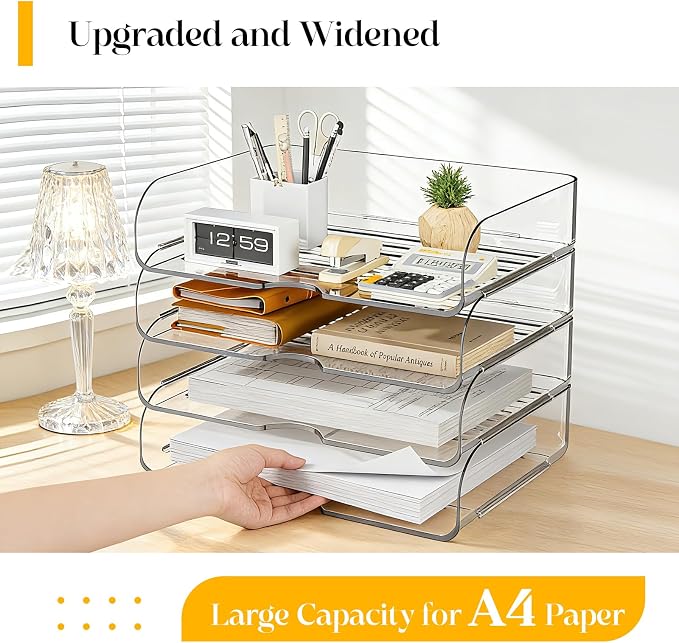 HIYOHIYO Clear Office A4 Paper Desk Organizer, Acrylic Desktop Organizer for A4 File Folder Stackable, Large Capacity Desk Letter Paper Holder, Organizer for Office File, 4 Tier Horizontal Style