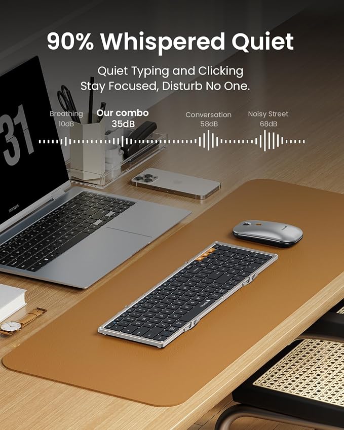 ProtoArc Foldable Keyboard and Mouse, XKM01 True Full-Size Folding Wireless Keyboard Mouse for Business Travel, a Portable Office Suite On-The-Go, Compatible with Laptop iPad Tablet - Black Silver