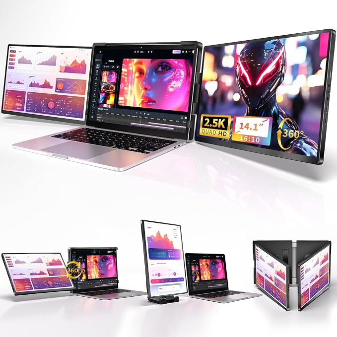 Laptop Screen Extender, 2.5K Triple Laptop Screen Extender Monitor, Plug-Play 360° Rotation Multiple Screens for Laptop Fits 13-17 Inch Compatible with macOS, Windows, Chrome, Dex，Black