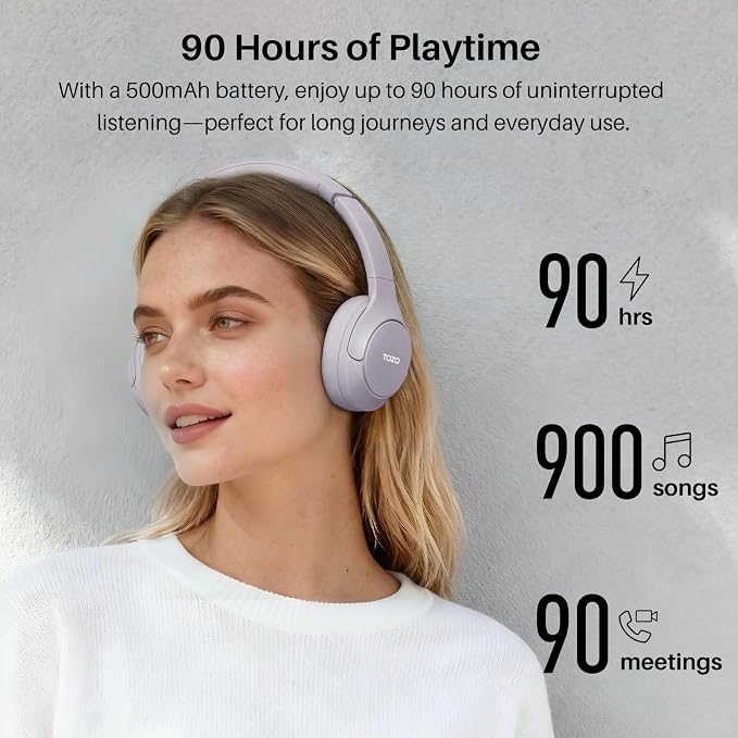 TOZO HT3 Hybrid Noise Cancelling Headphones, 90H Battery Life Wireless Over Ear Bluetooth 6.0 Foldable Headset, AI Voice Assistant with 5 Mics, Connect 2 Devices and Hi-Res Sound, 32 EQ Audio Presets